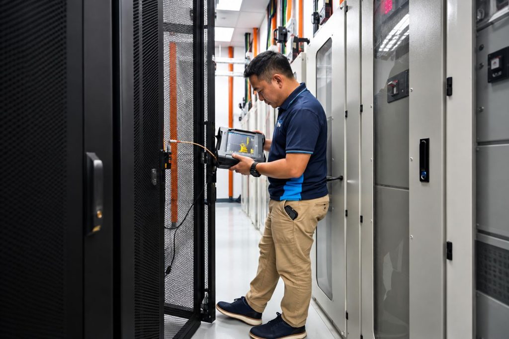 An SGS engineer testing equipment with a handheld analyser at the racks