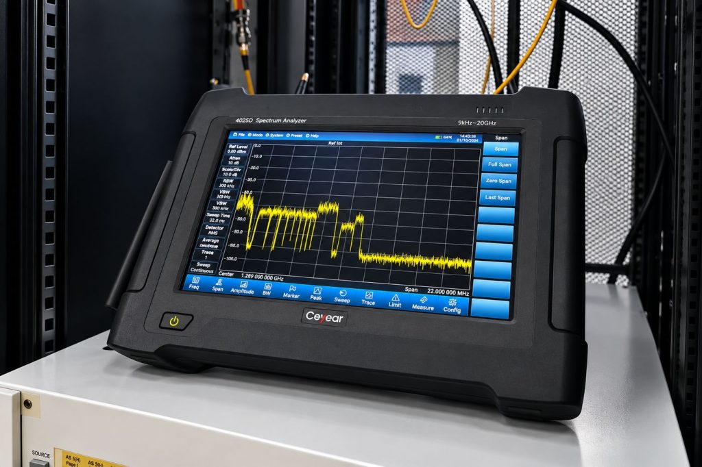 A spectrum analyser showing an RF trace at the SGS facility