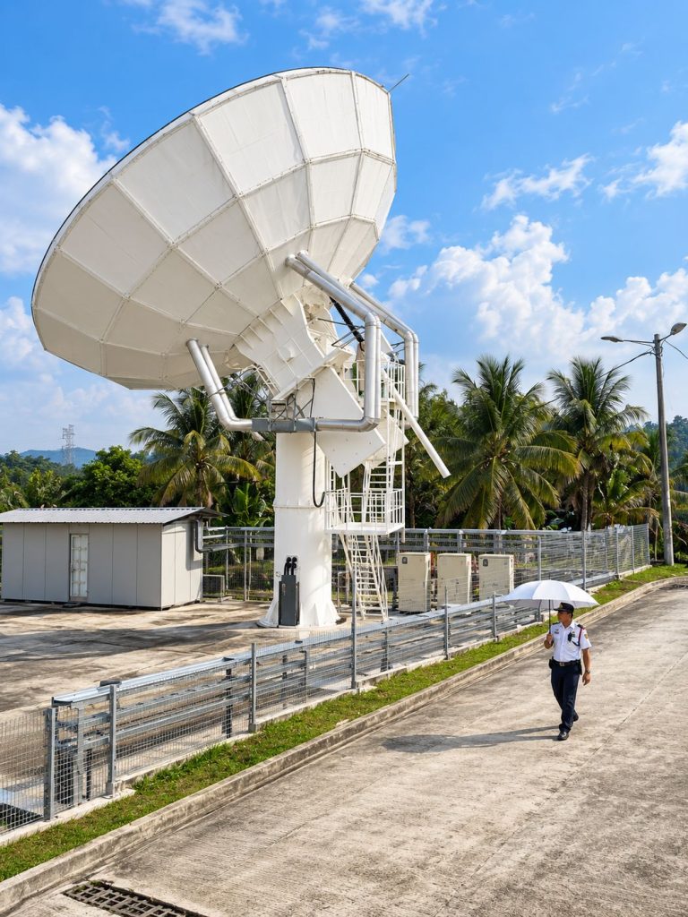 A satellite antenna at the SGS teleport with a member of site staff